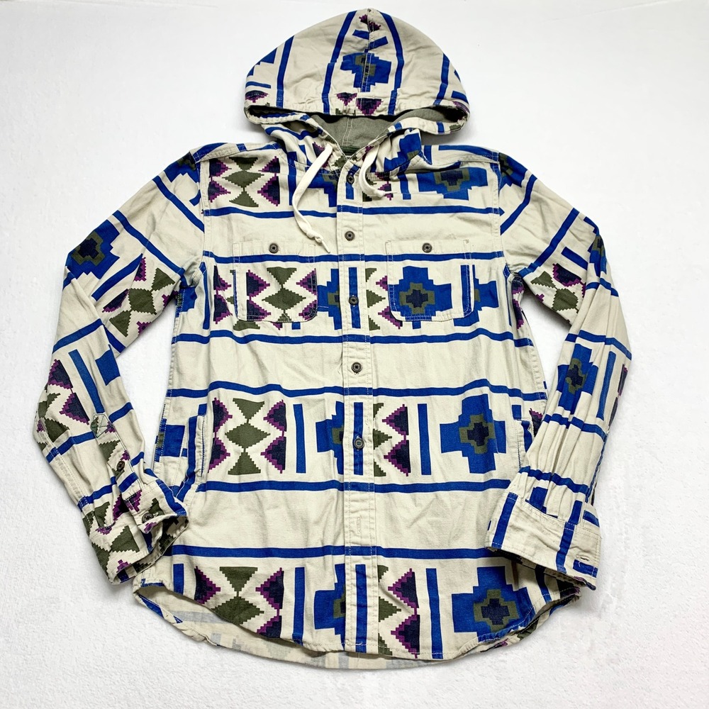 Modern Amusement Southwestern Hooded Flannel Shirt Womens Sz S Beige Blue Aztec